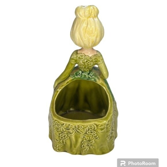 Rare Vintage Enesco Ceramic Planter Lady Figurine Green Dress Japan E-8283 - Picture 4 of 6